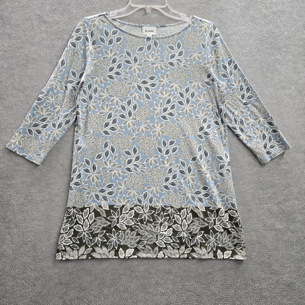 J Jill Women Blouse S PETITE Blue Floral‎ Round Neck Pullover Tunic 3/4 Sleeve